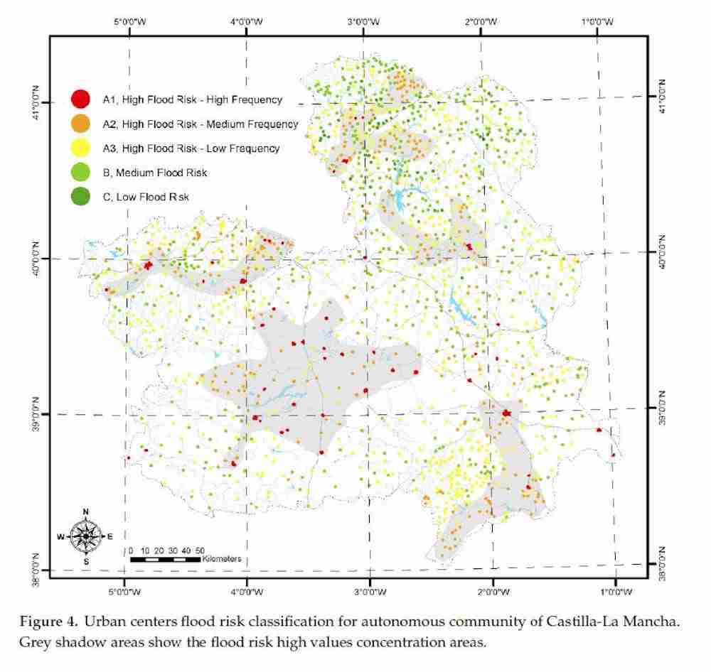Foto 1.- En la imagen, sombreadas sobre el mapa de Castilla La Mancha las zonas con mayor concentración de riesgo de inundación. Estos resultados han sido objeto de la calibración mediante datos del 112.