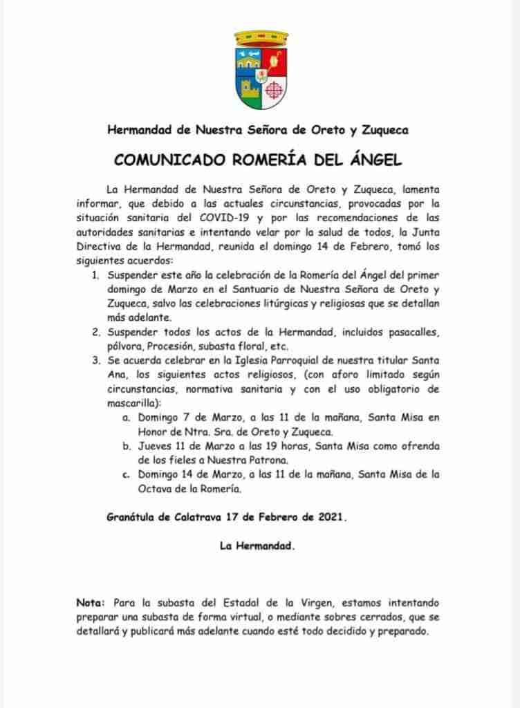 Se suspende la Romería en honor a la Virgen de Oreto y Zuqueda de Granátula de Calatrava, programada para el 7 de marzo 1