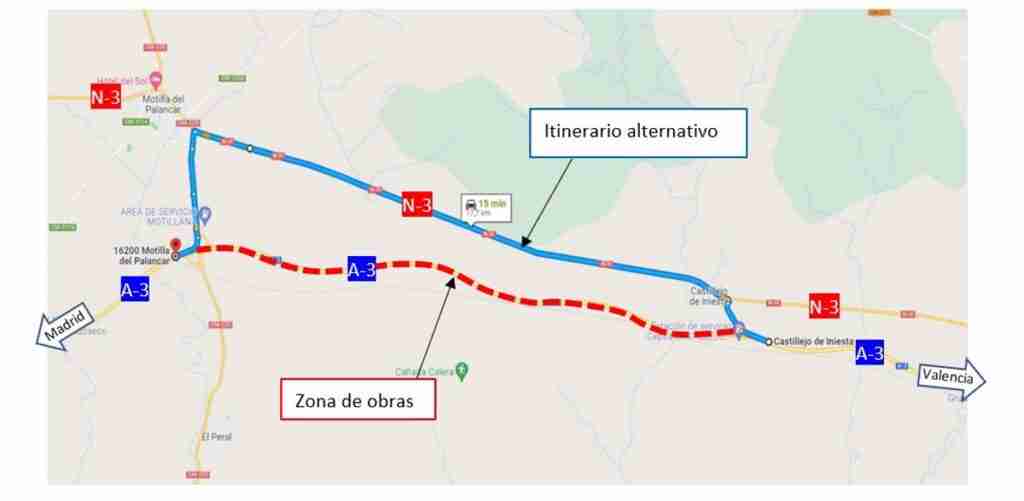 Las obras en la A-3 entre Castillejo de Iniesta y Motilla del Palancar provocan cortes de tráfico