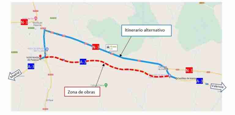 Las obras en la A-3 entre Castillejo de Iniesta y Motilla del Palancar provocan cortes de tráfico