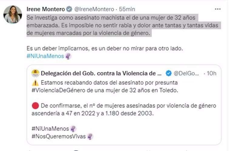 Irene Montero dice sentir "rabia y dolor" ante "tantas vidas de mujeres marcadas por la violencia de género"