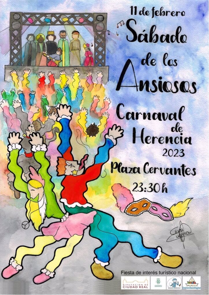 Acuarela dando vida a una "multitud disfrazada", en el cartel de Úbeda-Contreras para el Carnaval de Herencia