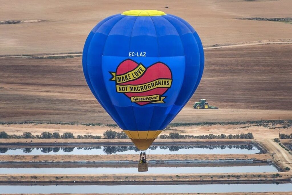 Greenpeace sobrevuela en globo una macrogranja en Hellín (Albacete) para exigir el fin de la ganadería industrial