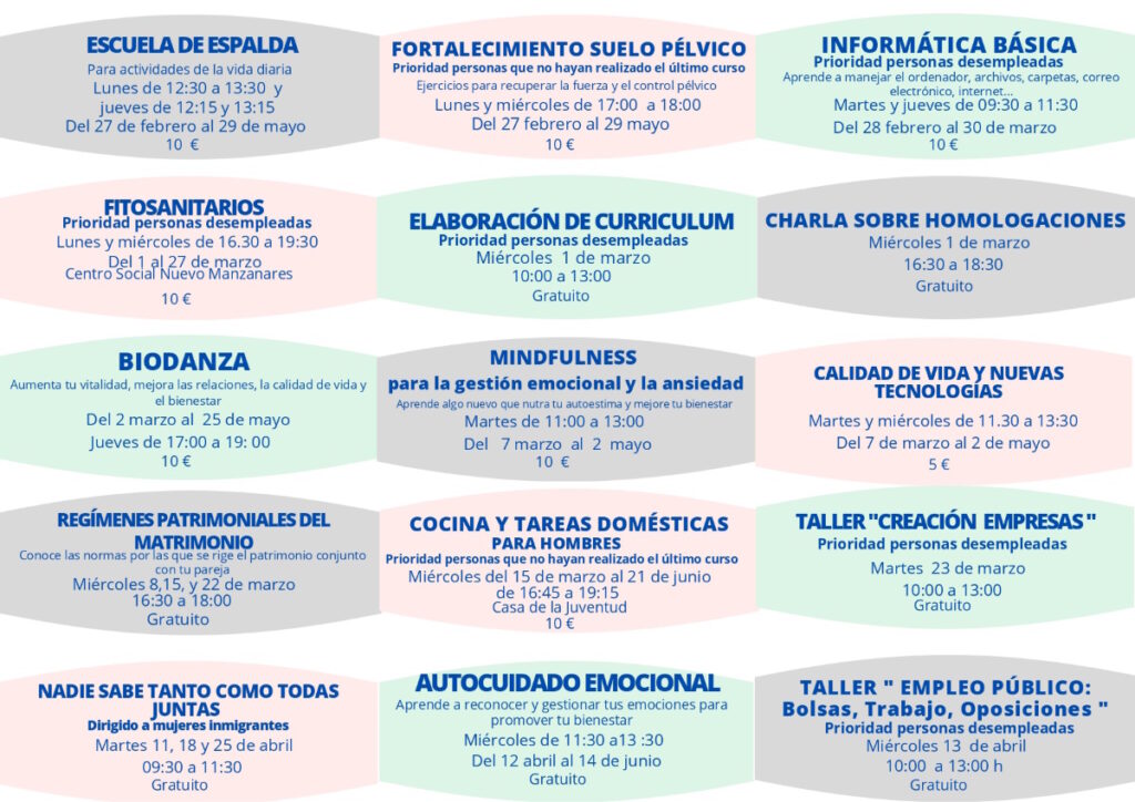 23 propuestas formativas dentro de la nueva programación para los próximos meses del Centro de la Mujer de Manzanares 1