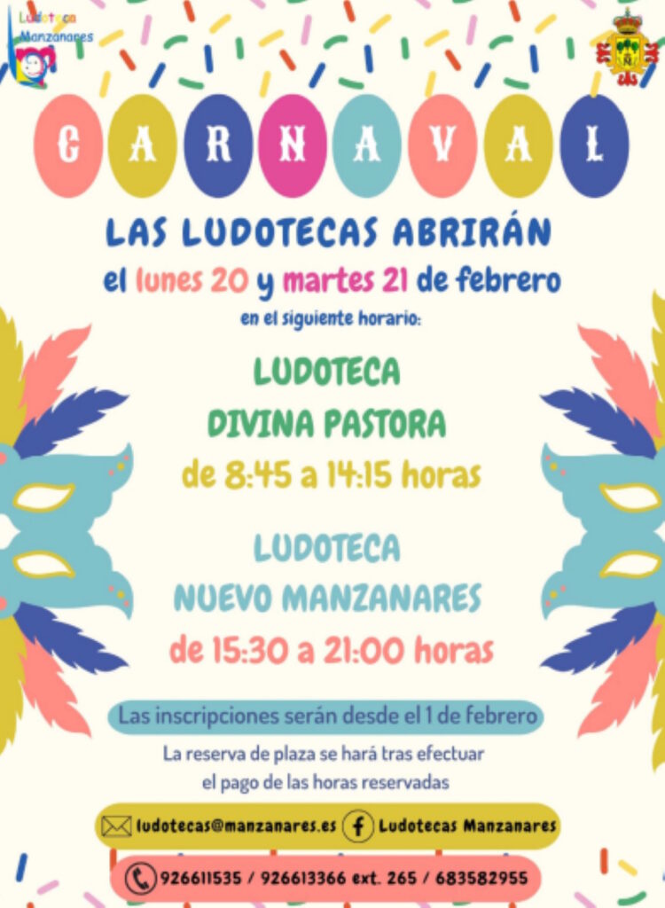 horario ludotecas manzanares carnaval 2023