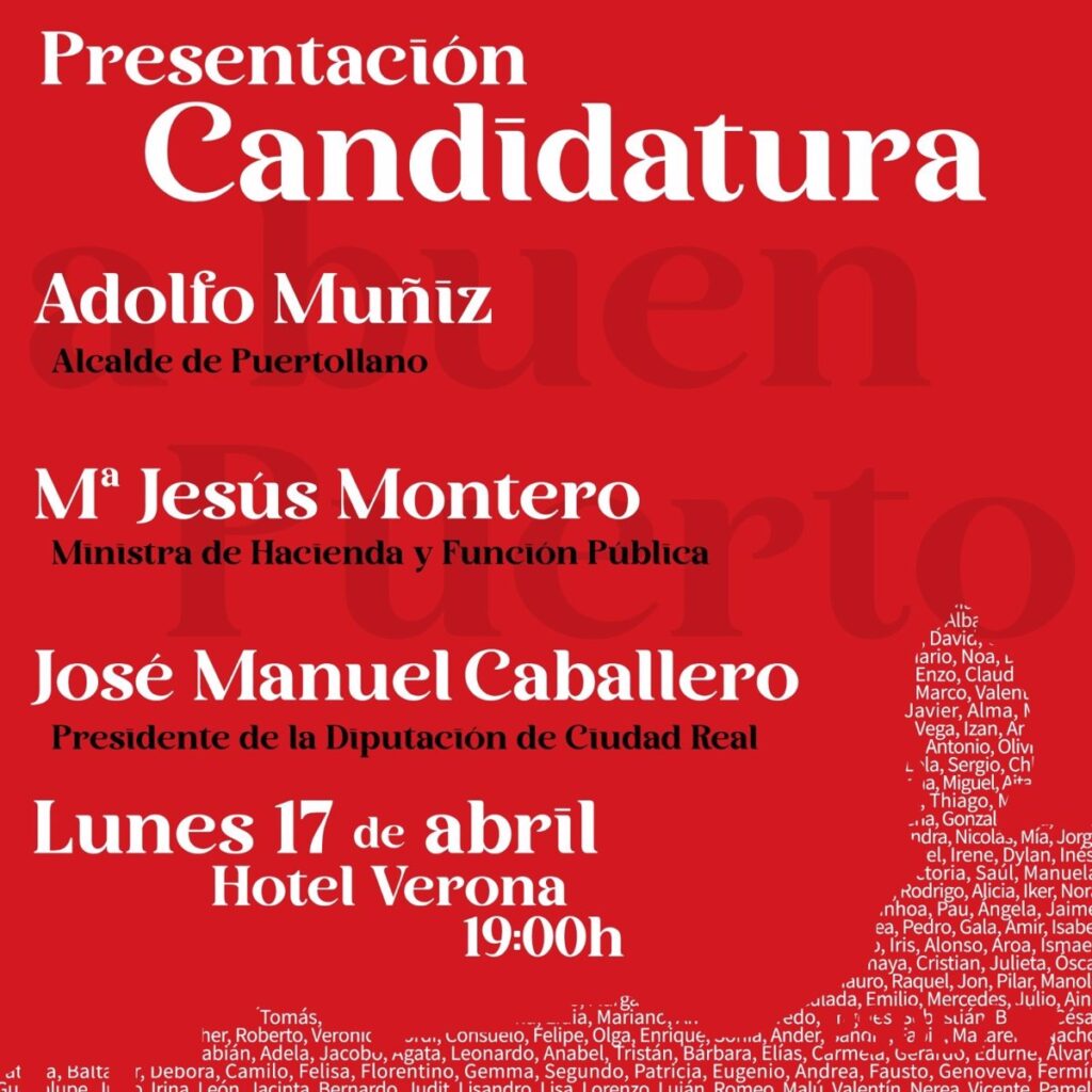 Montero arropará este lunes a Adolfo Muñiz en la presentación de su candidatura a la alcaldía de Puertollano