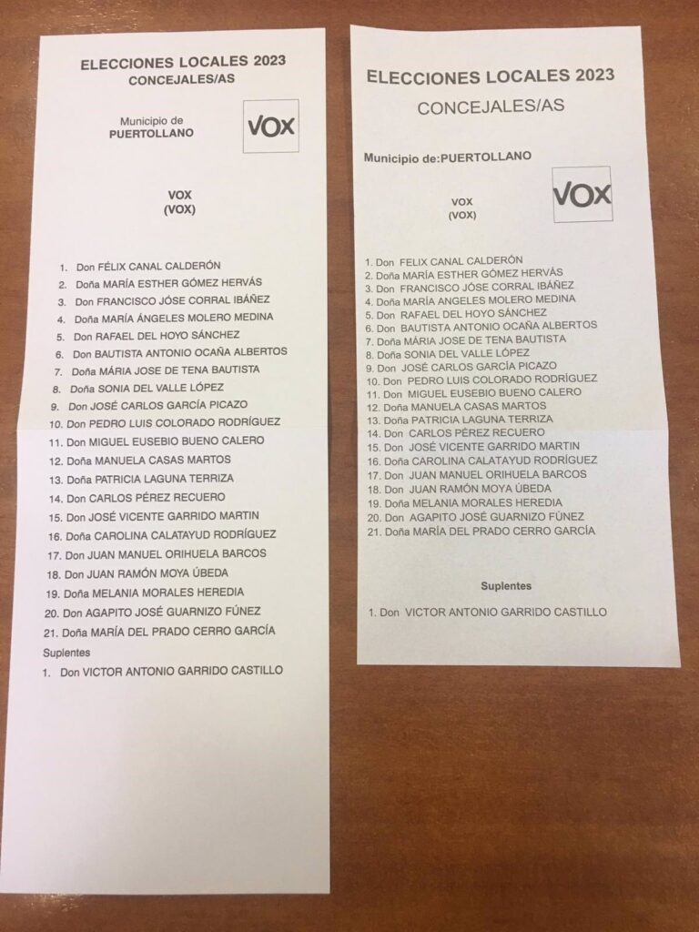 Vox detecta en Puertollano papeletas con error de imprenta y recomienda votar con las de las mesas electorales