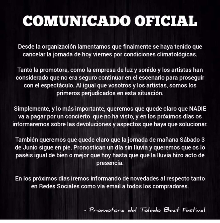 Cancelan la primera jornada del Toledo Beat Festival y garantizan que nadie pagará "por un concierto que no ha visto"