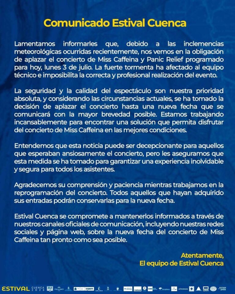 Aplazados conciertos de Miss Caffeina y Panic Relief en Estival Cuenca después de daños técnicos por una fuerte tormenta