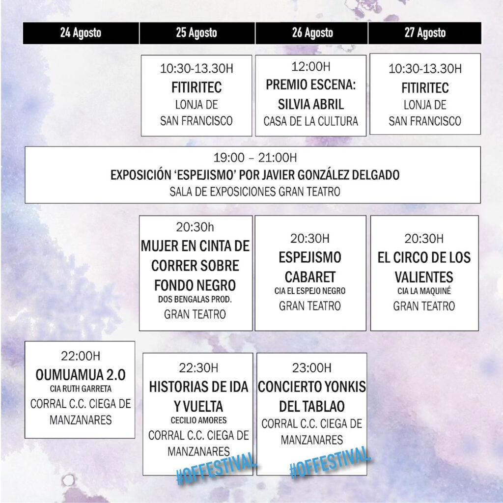 Programación del Festival Internacional de Teatro Contemporáneo Lazarillo Manzanares que inicia este domingo 20 de agosto 2
