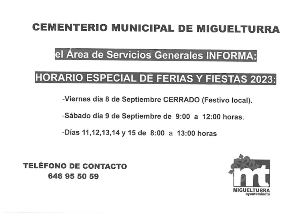 horario especial cementerio miguelturra feria fiestas 2023