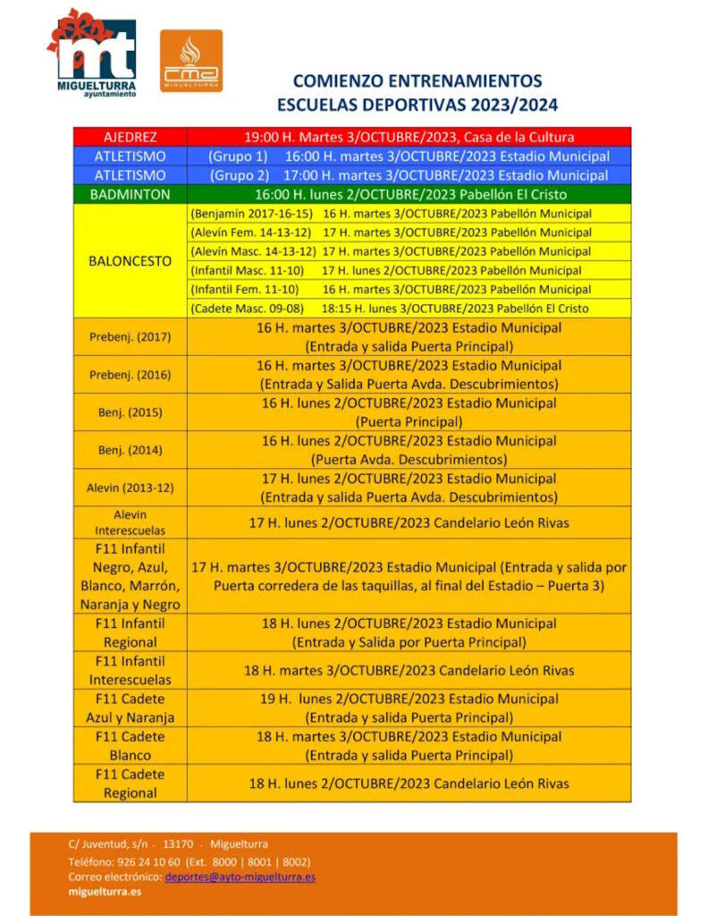 horarios fechas escuelas deportivas de miguelturra