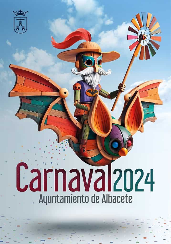 El carnaval llega "volando" a Albacete con un Quijote montado en el escudo de la ciudad, obra de Juan Diego Ingelmo