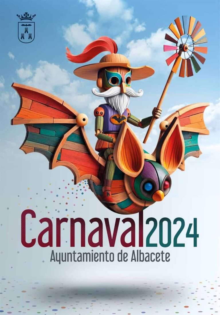 El carnaval llega "volando" a Albacete con un Quijote montado en el escudo de la ciudad, obra de Juan Diego Ingelmo