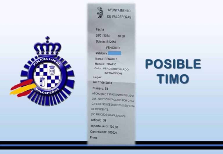 La Policía Local de Valdepeñas alerta sobre una estafa con multas falsas de la zona azul en el municipio