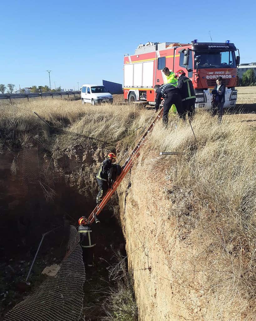 Bomberos trabajan en la fuga de hidróxido potásico de un camión tras un accidente en Argamasilla de Alba