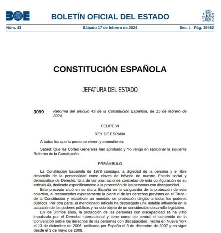 Entra en vigor la reforma del artículo 49 de la Constitución que regula los derechos de las personas con discapacidad