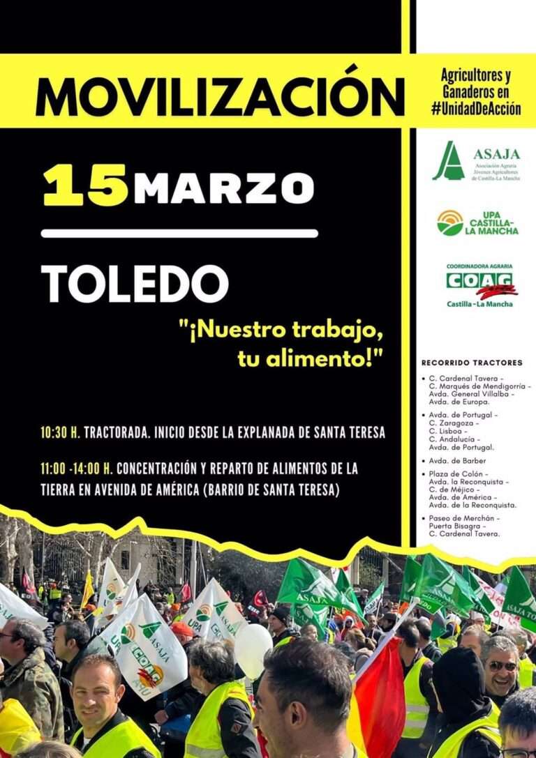 Agricultores y ganaderos reparten este viernes alimentos "de la tierra" en Toledo, que se vuelve a llenar de tractores