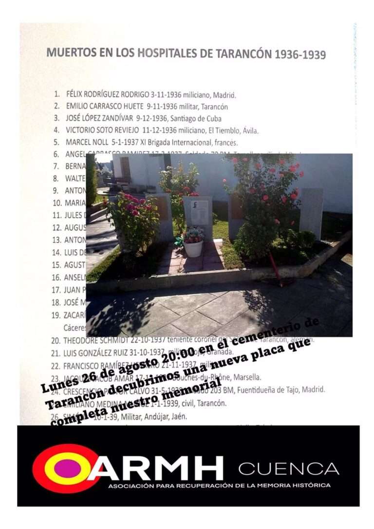 El cementerio de Tarancón inaugura este lunes una placa en memoria de ocho brigadistas internacionales