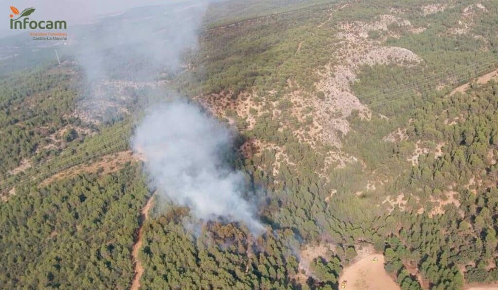 Nueve medios y 55 personas trabajan en extinguir un incendio en La Parra de las Vegas (Cuenca)