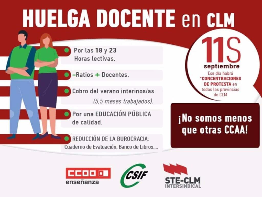 STE-CLM, CSIF y CCOO llaman a la huelga en el sector educativo el 11 de septiembre, un día después de arrancar el curso