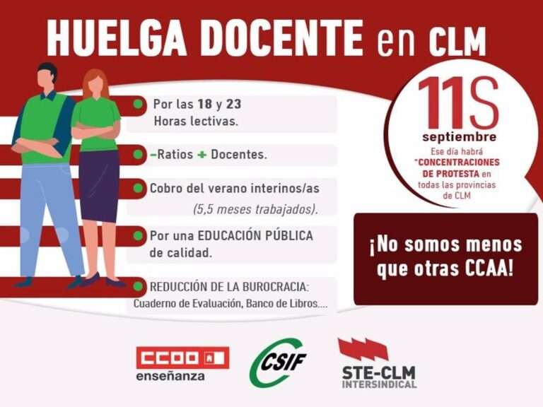 STE-CLM, CSIF y CCOO llaman a la huelga en el sector educativo el 11 de septiembre, un día después de arrancar el curso