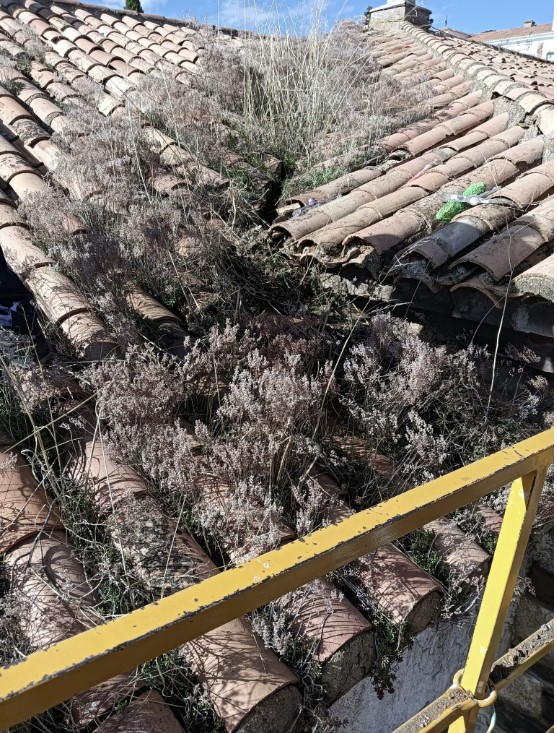 Detalle de la cubierta deteriorada del teatro-cine del Poblado antes de la reparación