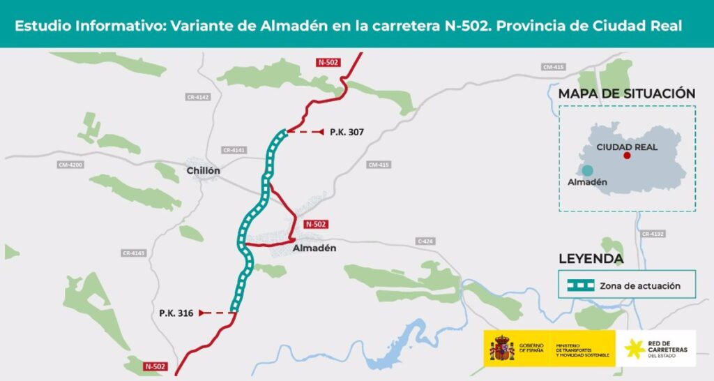 Transportes licita la redacción del Estudio Informativo de la Variante de Almadén en la N-502 en Ciudad Real