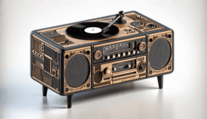 este modelo de Zara Home tiene espacio para integrar un tocadiscos, altavoces y los discos de vinilo de una forma estética y funcional