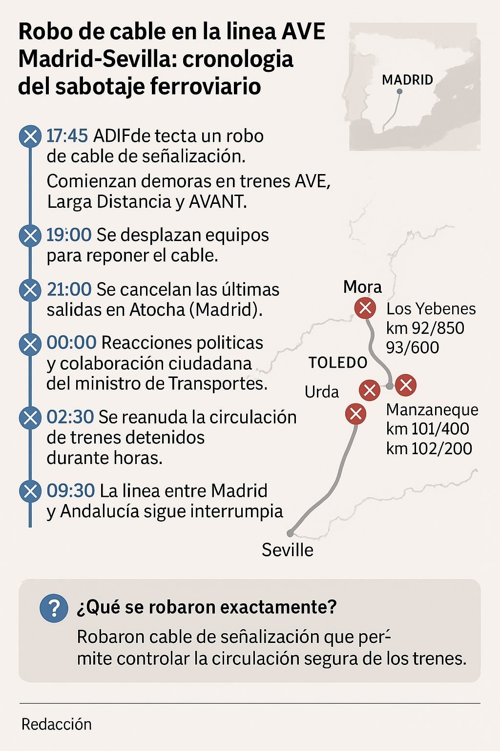 Robo de cable en la línea AVE Madrid-Sevilla: sabotaje masivo paraliza el tráfico ferroviario y deja casi 11.000 viajeros afectados 1
