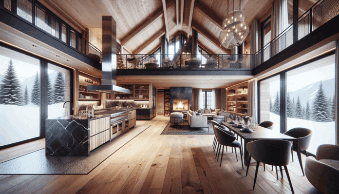 un elegante chalet en tonos blancos, marrones oscuros y dos cocinas