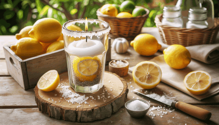 Nunca se me hubiera ocurrido hacer una vela antimosquitos tan bonita como esta usando sal, limones y un bote o vaso que no uses