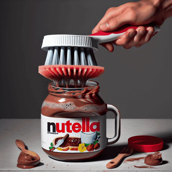 No lo sabía, pero con un bote de Nutella reutilizado y una esponja, puedo hacer este práctico friega platos para la cocina