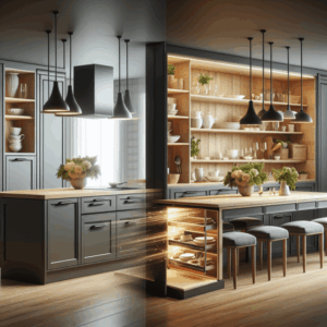 pasa de isla de cocina a mesa de comedor en un plis plas y cuenta con espacio de almacenamiento