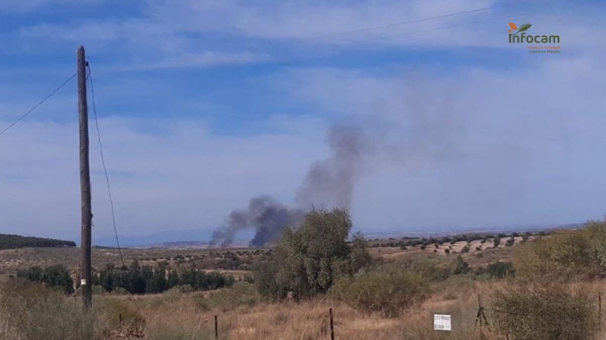 Medios aéreos y terrestres trabajan en las labores de extinción de un incendio declarado en Nambroca (Toledo)