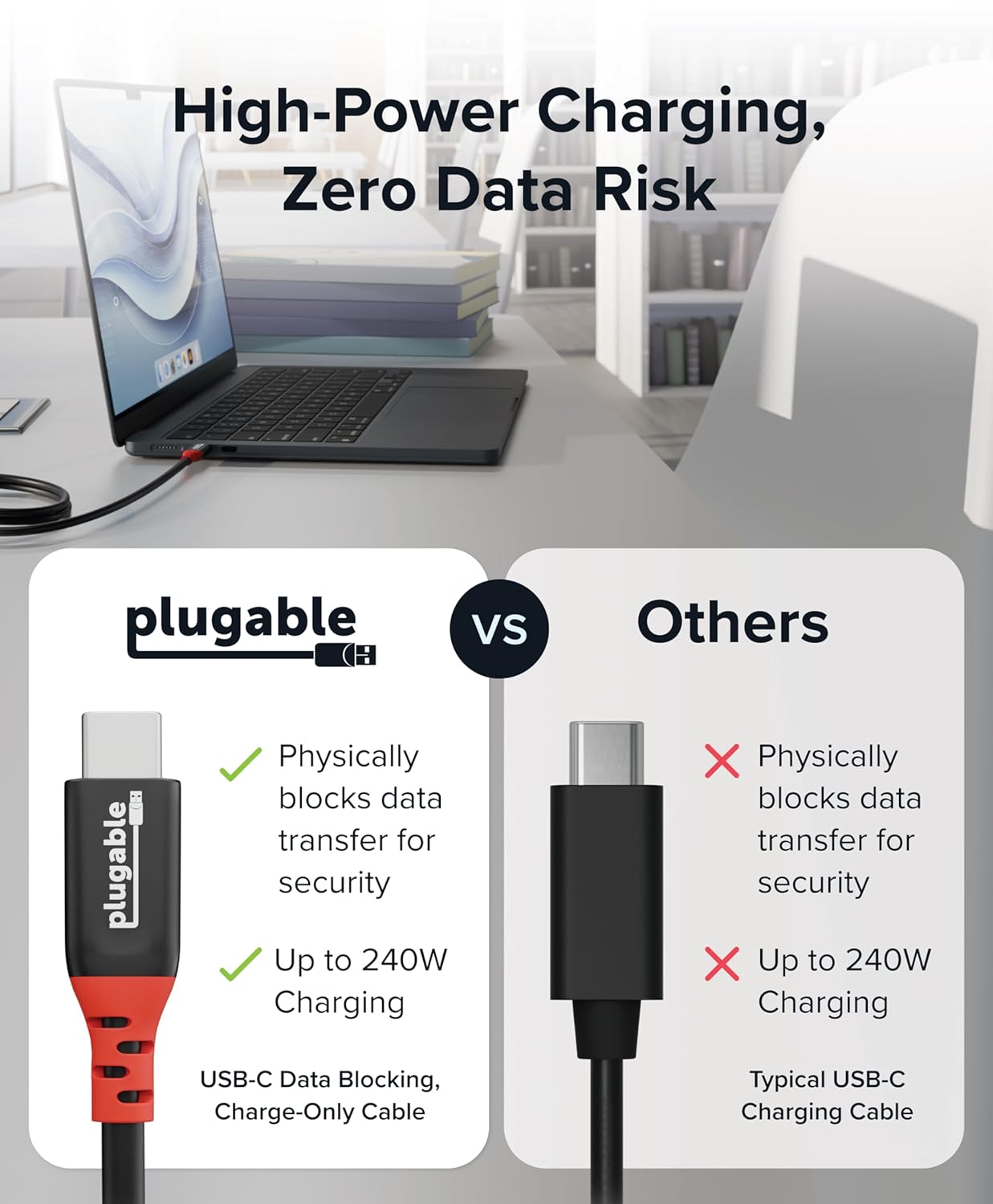 Cargar sin exponerse: el cable USB-C “solo carga” de Plugable (240 W, 1 m) que bloquea los datos en puertos públicos 1