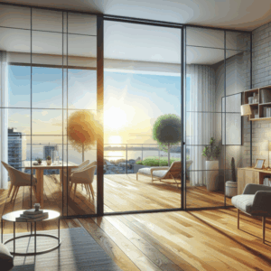 tiene una puerta corredera translúcida para acceder a la terraza que hace de pared acristalada