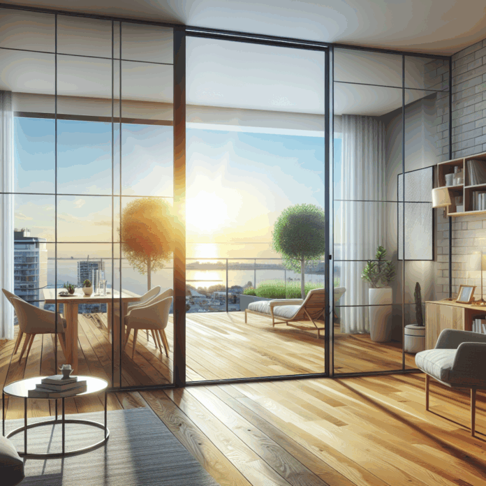 tiene una puerta corredera translúcida para acceder a la terraza que hace de pared acristalada