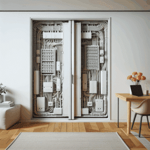 "Si tienes un cuadro eléctrico que ocupa toda la pared, una puerta corredera con guías ocultas para taparlo es todo un acierto"