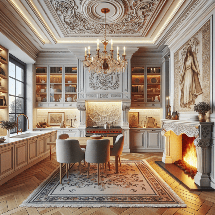 una atrevida cocina, bonita chimenea y una codiciada obra de arte