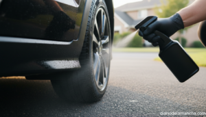 Aplicación de abrillantador en spray sobre los neumáticos de un coche