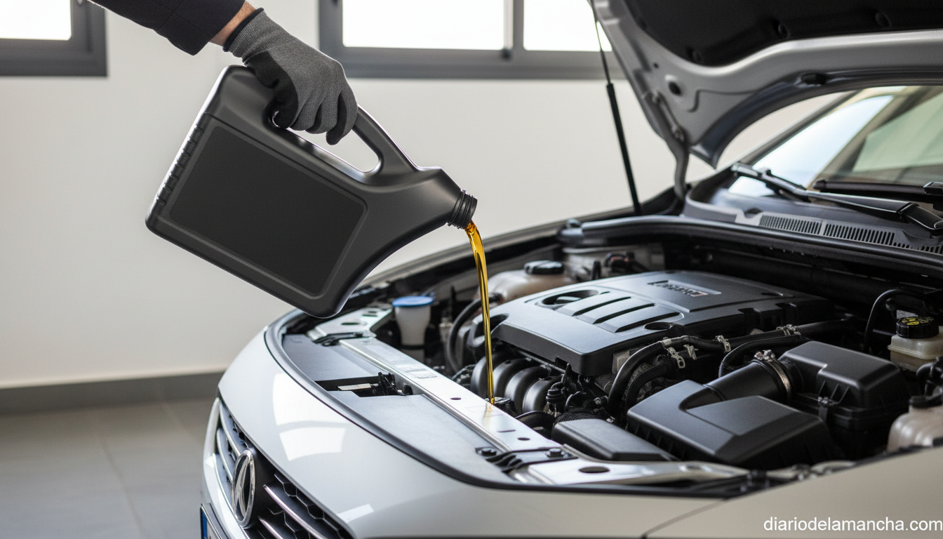 Cambio de aceite de motor de coche en un garaje