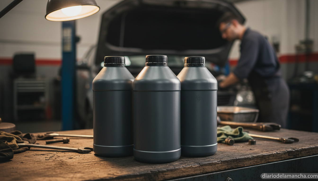 Tres botellas de aceite de motor en un taller mecanico