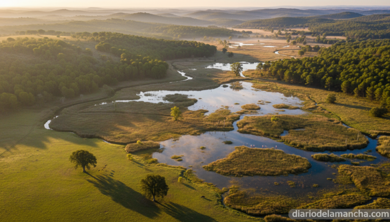 Aerial view of a natural protected area in Castilla-La Mancha, Spain, showing lush green forests, wetlands and diverse wil...
