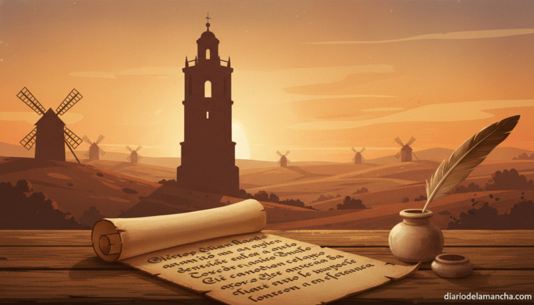 Stylized historical illustration of Alcázar de San Juan, La Mancha, at sunset. The silhouette of an old parish bell tower ...