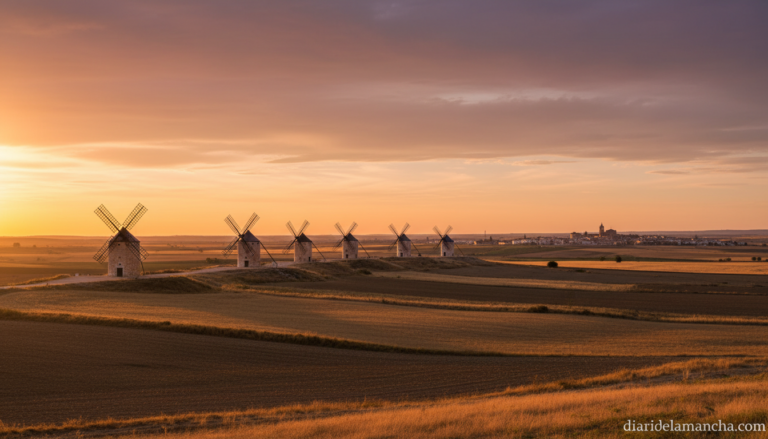 Molinos de viento de La Mancha en Alcazar de San Juan al atardecer