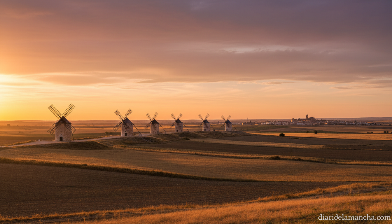 Molinos de viento de La Mancha en Alcazar de San Juan al atardecer