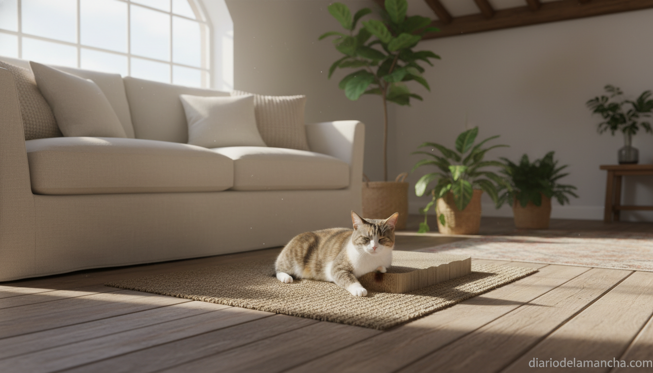 Alfombrilla rascador de sisal para gatos con un gato descansando sobre ella en un sal&oacute;n natural