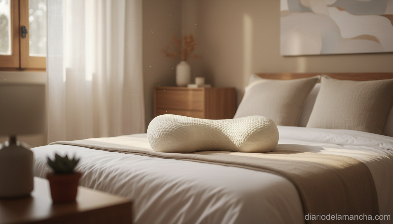 Almohada cervical viscoelástica con forma de mariposa sobre una cama en un dormitorio tranquilo