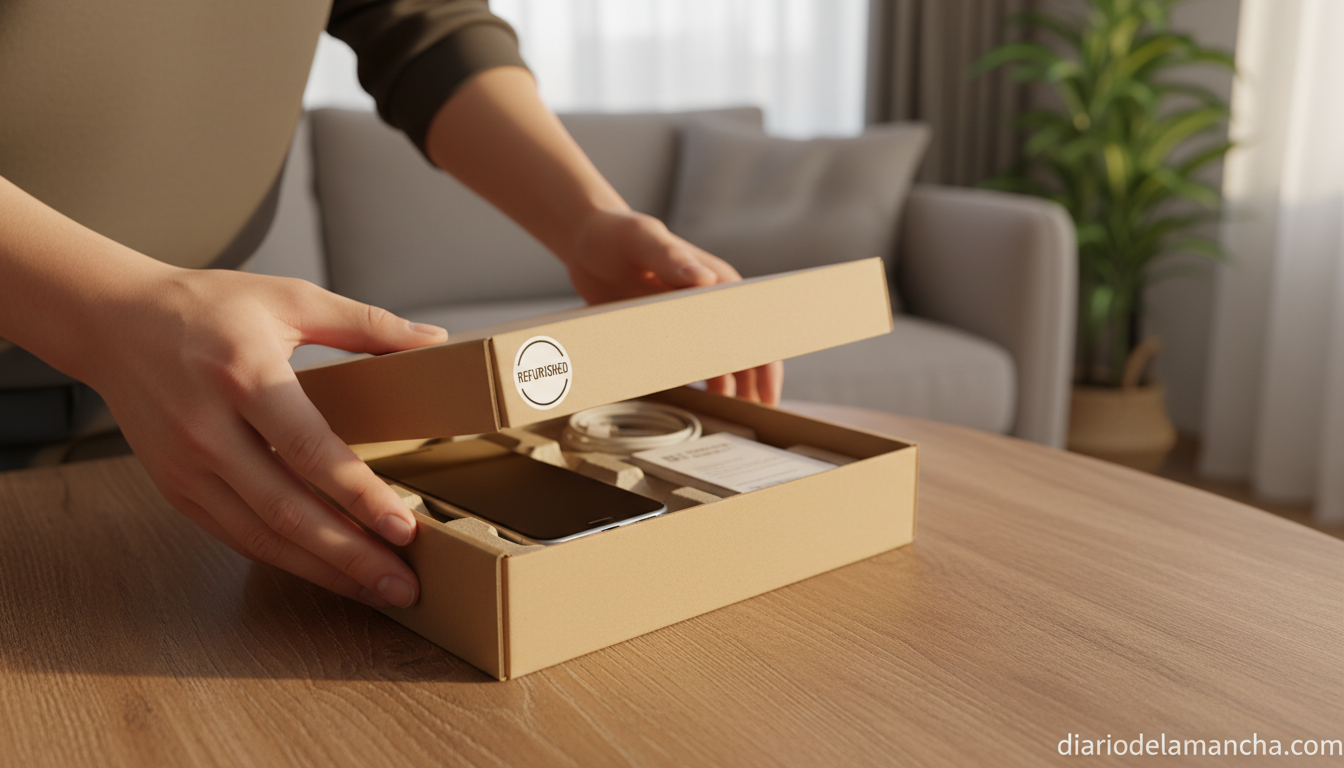 Manos abriendo la caja de un móvil reacondicionado Amazon Renewed sobre mesa de madera